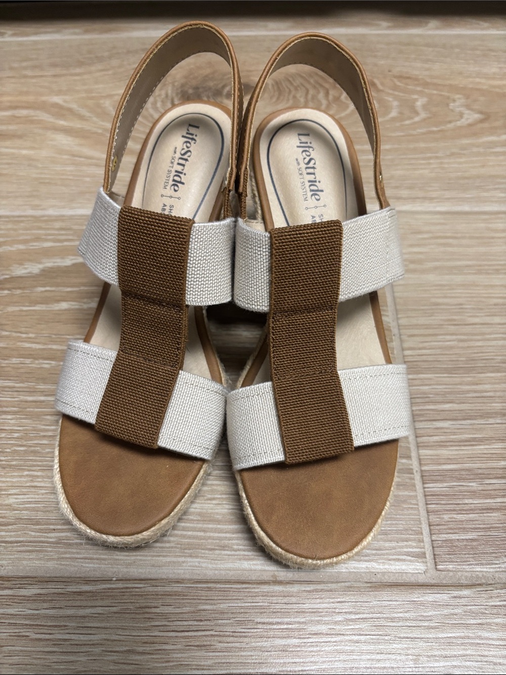 Life Stride Tan and Cream Wedge Sandals